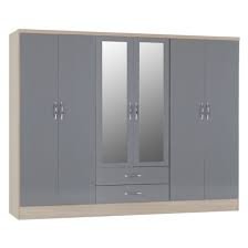 Mack Oak Wooden Wardrobe With 6 Doors Grey Gloss Front | FiF